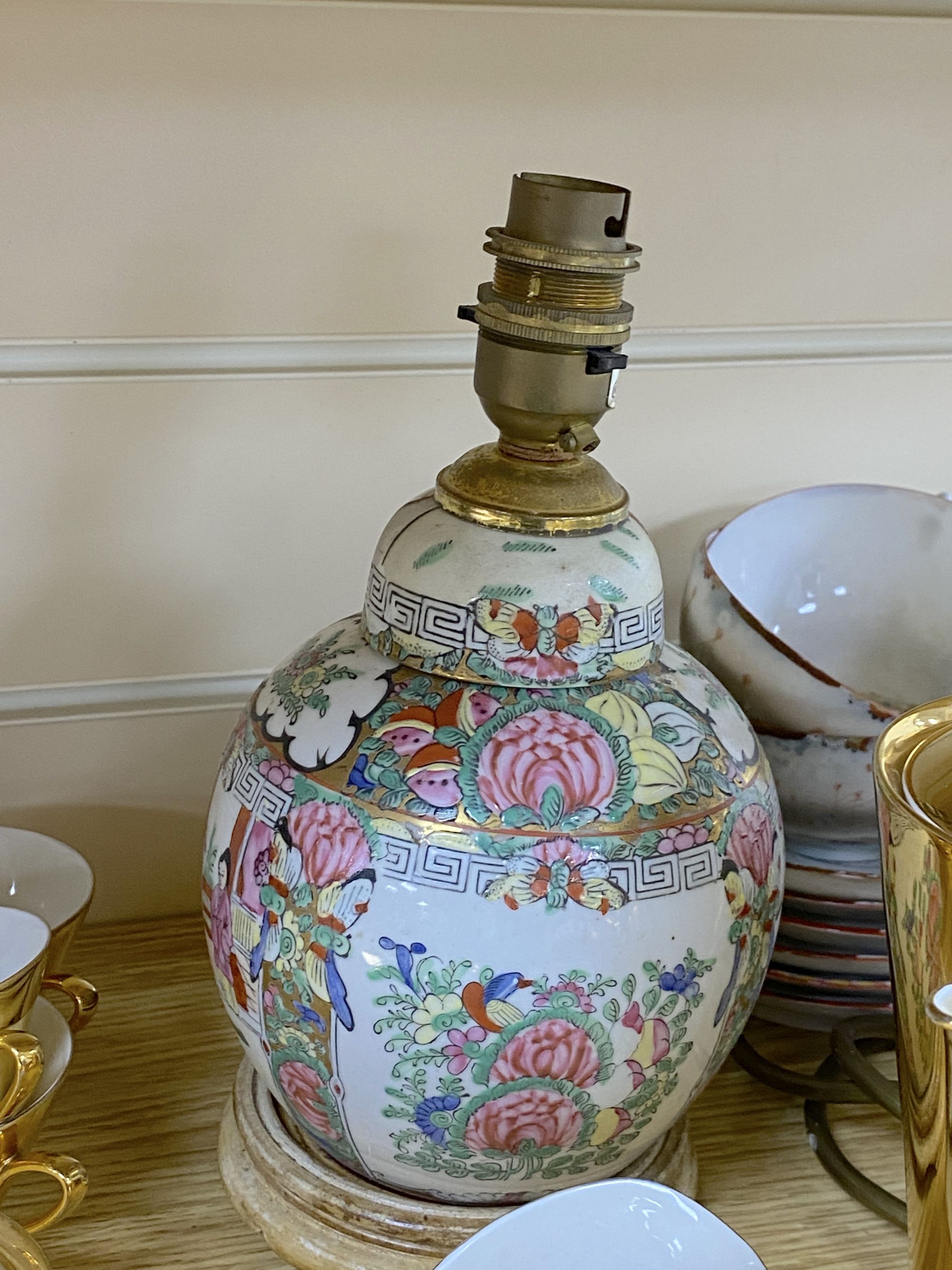 A Chinese famille rose lamp, a German gilt coffee set and sundries